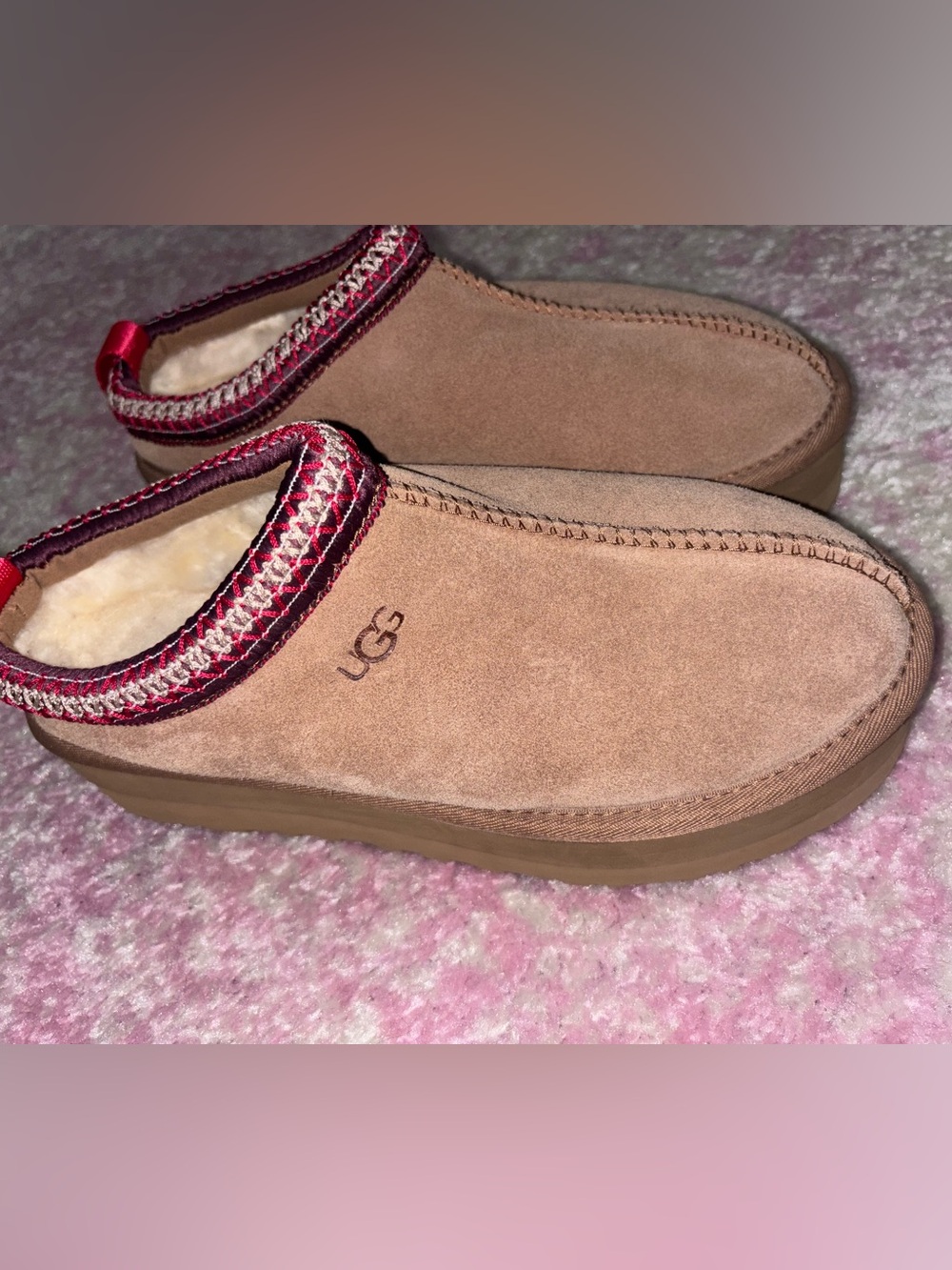UGG Women’s Chestnut Suede Slip-Ons with Burgundy Trim